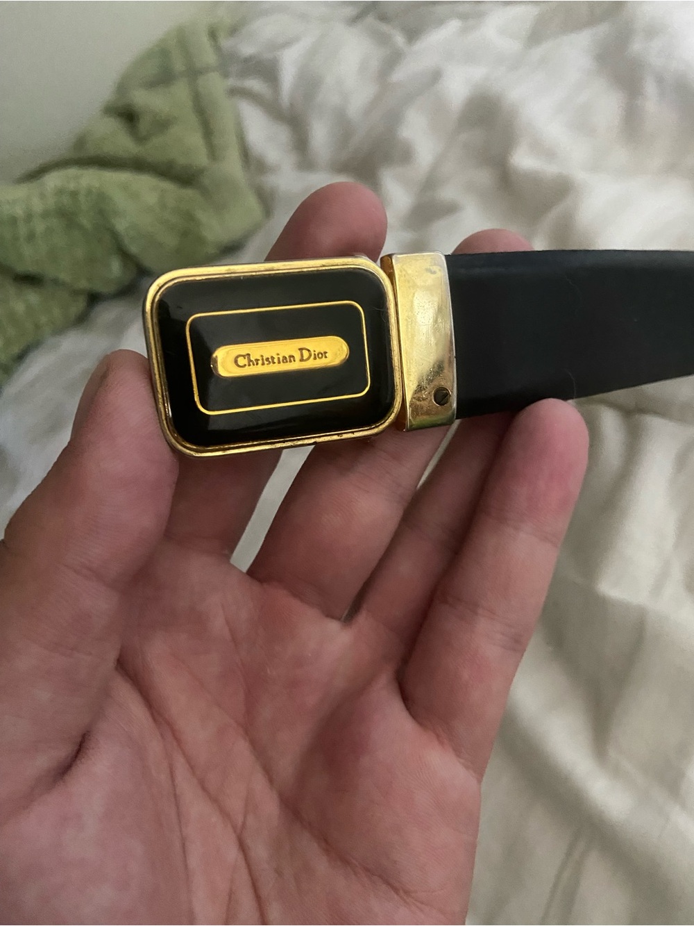 Christian Dior Black Leather Belt with Gold Buckle